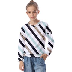 Pattern, Black, Blue, Gold, Lines, Stripes Kids  Long Sleeve T-shirt With Frill 