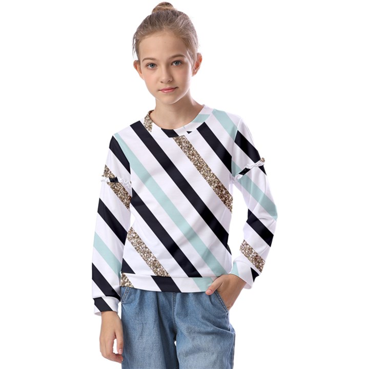 Pattern, Black, Blue, Gold, Lines, Stripes Kids  Long Sleeve T-Shirt with Frill 