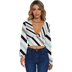 Pattern, Black, Blue, Gold, Lines, Stripes Long Sleeve Deep-v Velour Top