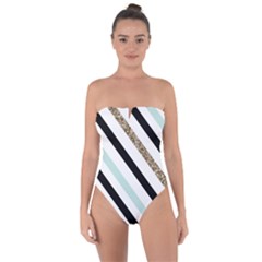 Pattern, Blue, Gold, Lines, Stripes Tie Back One Piece Swimsuit by kyorashop23