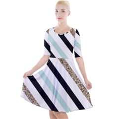 Pattern, Blue, Gold, Lines, Stripes Quarter Sleeve A-line Dress With Pockets