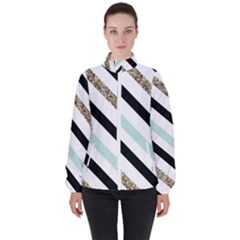 Pattern, Blue, Gold, Lines, Stripes Women s High Neck Windbreaker by kyorashop23