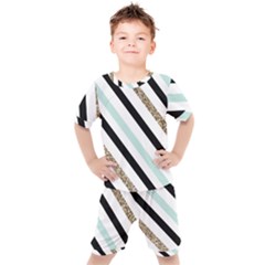 Pattern, Blue, Gold, Lines, Stripes Kids  T-shirt And Shorts Set