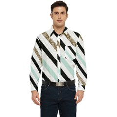 Pattern, Blue, Gold, Lines, Stripes Men s Long Sleeve Pocket Shirt  by kyorashop23