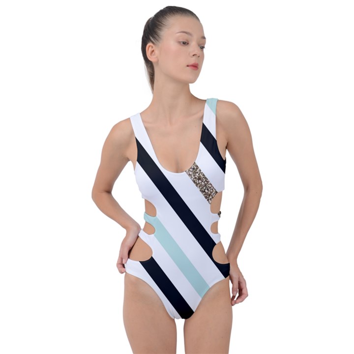 Pattern, Blue, Gold, Lines, Stripes Side Cut Out Swimsuit