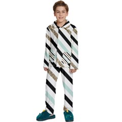 Pattern, Blue, Gold, Lines, Stripes Kids  Long Sleeve Velvet Pajamas Set by kyorashop23