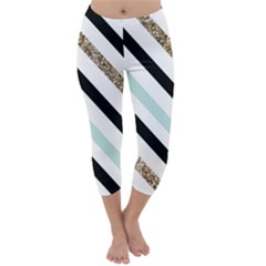 Pattern, Blue, Gold, Lines, Stripes Capri Winter Leggings 