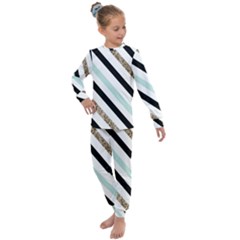 Pattern, Blue, Gold, Lines, Stripes Kids  Long Sleeve Set 