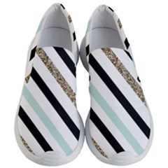 Pattern, Blue, Gold, Lines, Stripes Women s Lightweight Slip Ons by kyorashop23