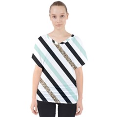 Pattern, Blue, Gold, Lines, Stripes V-neck Dolman Drape Top