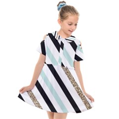 Pattern, Blue, Gold, Lines, Stripes Kids  Short Sleeve Shirt Dress