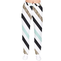 Pattern, Blue, Gold, Lines, Stripes Women Velvet Drawstring Pants