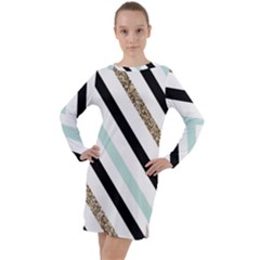 Pattern, Blue, Gold, Lines, Stripes Long Sleeve Hoodie Dress