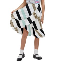 Pattern, Blue, Gold, Lines, Stripes Kids  Ruffle Flared Wrap Midi Skirt by kyorashop23