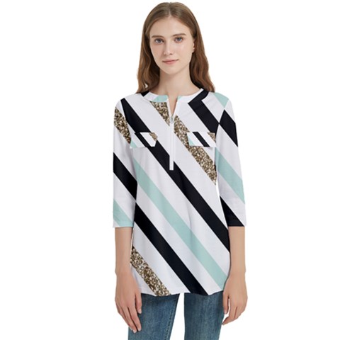 Pattern, Blue, Gold, Lines, Stripes Women s Zip Front V-neck 3/4 Sleeve Casual Top Pocket Shirt by kyorashop23