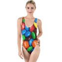 Colorful Candy Background, Close-up High Leg Strappy Swimsuit View1