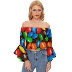 Colorful Candy Background, Close-up Off Shoulder Flutter Bell Sleeve Top