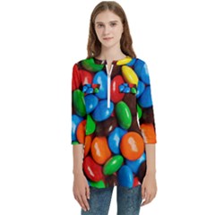 Colorful Candy Background, Close-up Women s Zip Front V-neck 3/4 Sleeve Casual Top Pocket Shirt