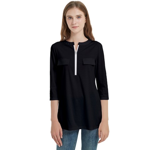 Plain Black Black Women s Zip Front V-neck 3/4 Sleeve Casual Top Pocket Shirt by kyorashop23