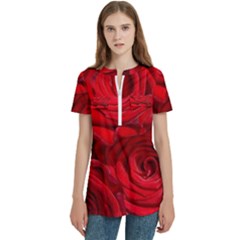 Red Roses , Flowers, Red Roses Women s Zip Front V-neck Short Sleeve Casual Top Pocket Shirt