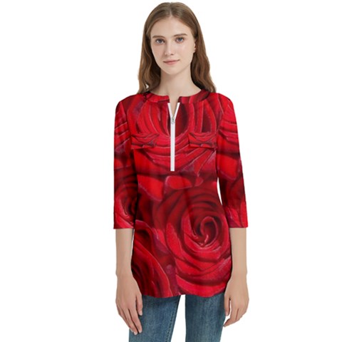 Red Roses , Flowers, Red Roses Women s Zip Front V-neck 3/4 Sleeve Casual Top Pocket Shirt by kyorashop23