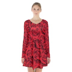 Red Roses , Red Buds, Red Roses Long Sleeve Velvet V-neck Dress