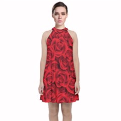 Red Roses , Red Buds, Red Roses Velvet Halter Neckline Dress 