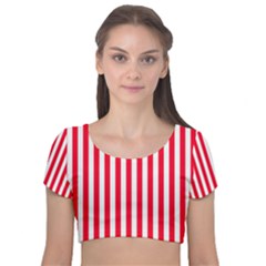 Red Stripes, Texture, Sticker, Velvet Short Sleeve Crop Top 