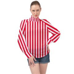 Red Stripes, Texture, Sticker, High Neck Long Sleeve Chiffon Top