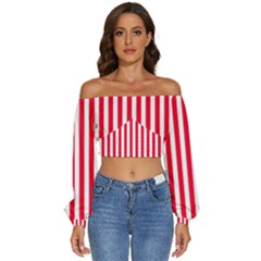 Red Stripes, Texture, Sticker, Long Sleeve Crinkled Weave Crop Top