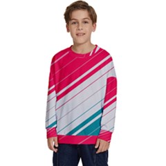 Red White Teal Stripes Kids  Crewneck Sweatshirt