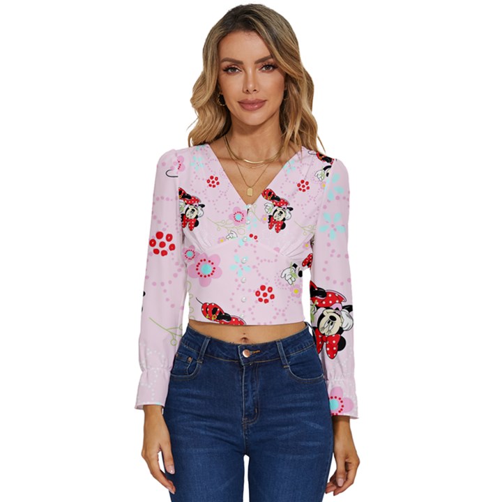 Red, Bow, Mouse, Flower, Child, Paper Long Sleeve V-Neck Top