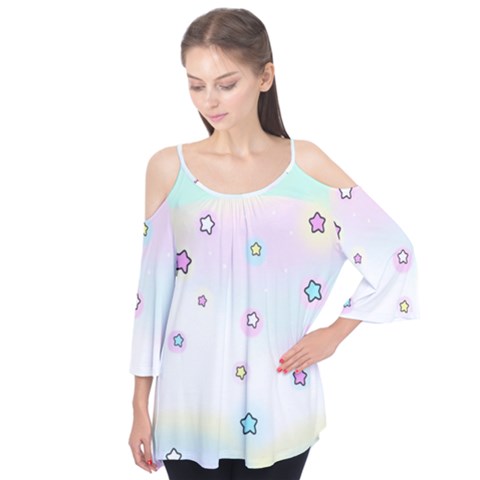 Stars, Cute, Pastel, Pattern Flutter Sleeve T-shirt by kyorashop23