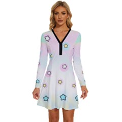 Stars, Cute, Pastel, Pattern Long Sleeve Deep V Mini Dress  by kyorashop23