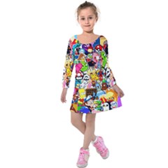 Sticker Art, Brand, Cartoon Kids  Long Sleeve Velvet Dress by kyorashop23