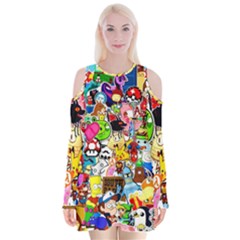 Sticker Art, Brand, Cartoon Velvet Long Sleeve Shoulder Cutout Dress