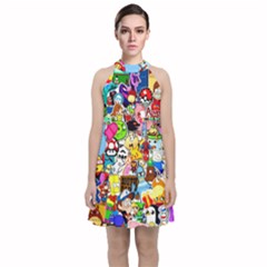 Sticker Art, Brand, Cartoon Velvet Halter Neckline Dress 