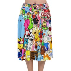 Sticker Art, Brand, Cartoon Velvet Flared Midi Skirt