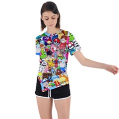 Sticker Art, Brand, Cartoon Asymmetrical Short Sleeve Sports T-shirt by kyorashop23