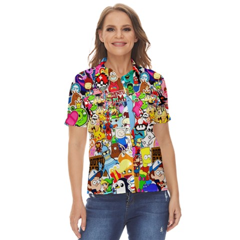 Sticker Art, Brand, Cartoon Women s Short Sleeve Double Pocket Shirt by kyorashop23