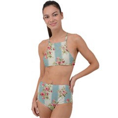 Stripes, Rose,  Texture, Flower, Paper Halter Tankini Set