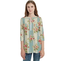 Stripes, Rose,  Texture, Flower, Paper Women s Zip Front V-neck 3/4 Sleeve Casual Top Pocket Shirt