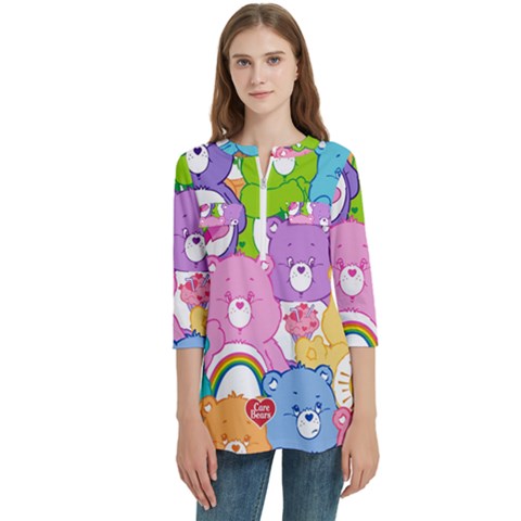 The Care Bears, Care Bears, Cartoon Women s Zip Front V-neck 3/4 Sleeve Casual Top Pocket Shirt by kyorashop23