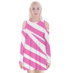 White Pink Stripes, Pattern Velvet Long Sleeve Shoulder Cutout Dress