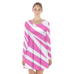 White Pink Stripes, Pattern Long Sleeve Velvet V-neck Dress