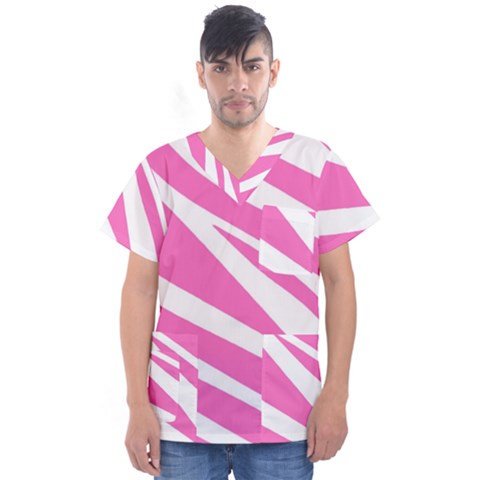 White Pink Stripes, Pattern Men s V-neck Scrub Top by kyorashop23