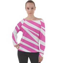 White Pink Stripes, Pattern Off Shoulder Long Sleeve Velour Top by kyorashop23