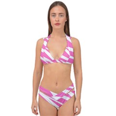 White Pink Stripes, Pattern Double Strap Halter Bikini Set by kyorashop23