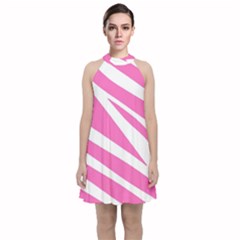 White Pink Stripes, Pattern Velvet Halter Neckline Dress 