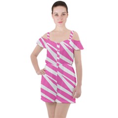 White Pink Stripes, Pattern Ruffle Cut Out Chiffon Playsuit by kyorashop23